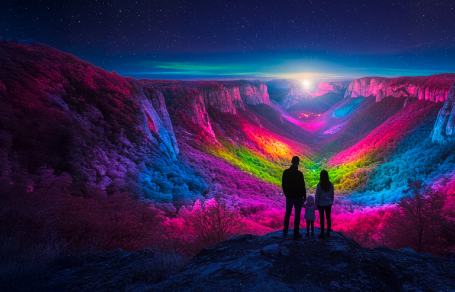 Une famille devant une vallée aux couleurs saturées